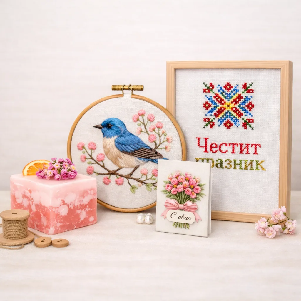 Ръчно изработени арт подаръци и декор – глицеринови сапуни, бродерия, картички и подаръчни кутии върху светъл артистичен фон.