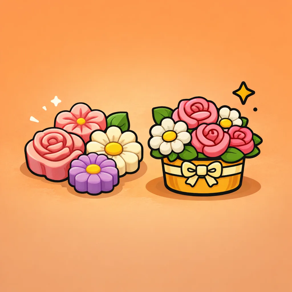 Ароматни сапуни и аранжировки – иконка с ръчно изработени сапуни във формата на цветя и сапунена композиция в кошничка, върху топъл фон.