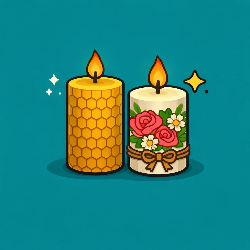 Свещи – ръчно изработени свещи от пчелен восък и декупажни свещи с флорални мотиви върху плътен тюркоазен фон.