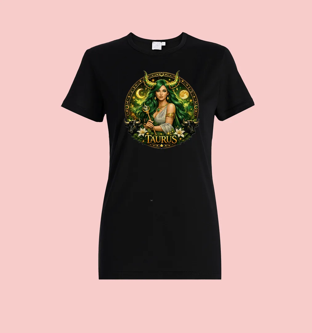 Дамска тениска Телец с мистичен женски портрет и надпис „Taurus“.
