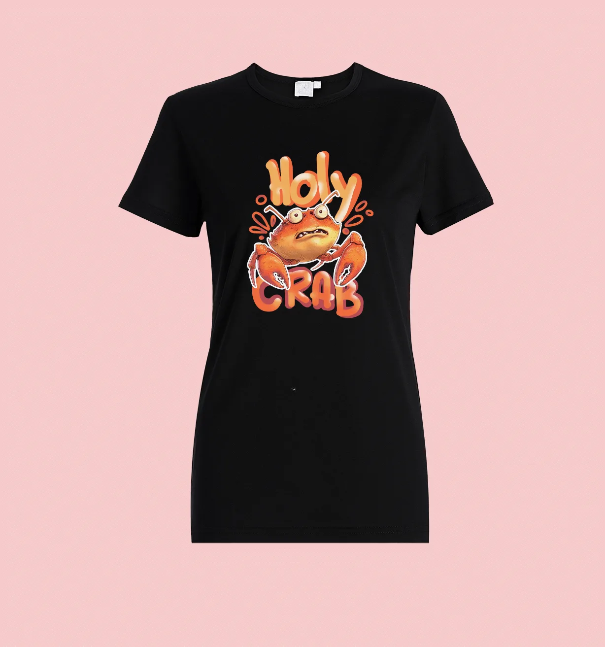 Черна дамска тениска “Holy Crab” с ярък оранжев принт и хумористично послание.